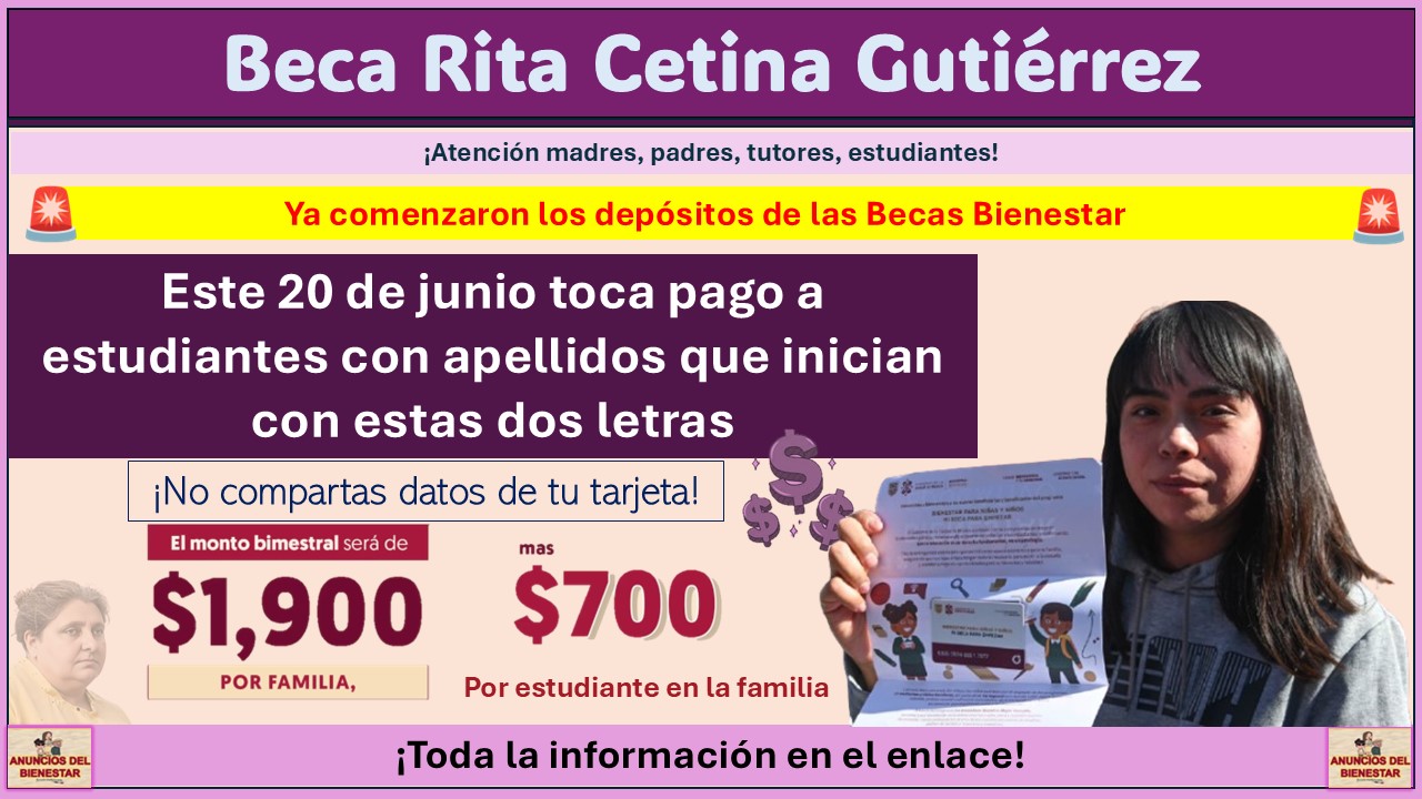 Beca Rita Cetina Gutiérrez: Este 20 de junio toca pago a estudiantes con apellidos que inician con estas dos letras 1 Beca Rita Cetina Gutiérrez: Este 20 de junio toca pago a estudiantes con apellidos que inician con estas dos letras