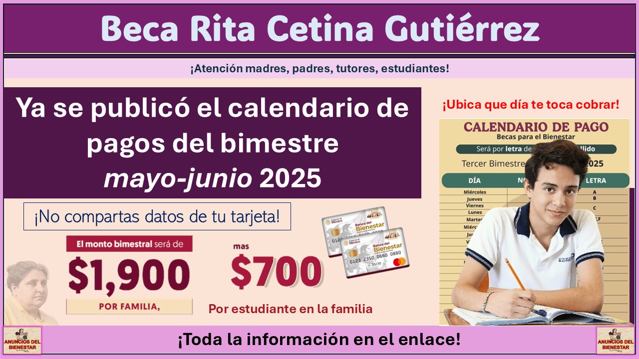 Beca Rita Cetina Gutiérrez: Ya se publicó el calendario de pagos del bimestre mayo-junio 2025 ¡Ubica que día te toca cobrar! 1 Beca Rita Cetina Gutiérrez: Ya se publicó el calendario de pagos del bimestre mayo-junio 2025 ¡Ubica que día te toca cobrar!