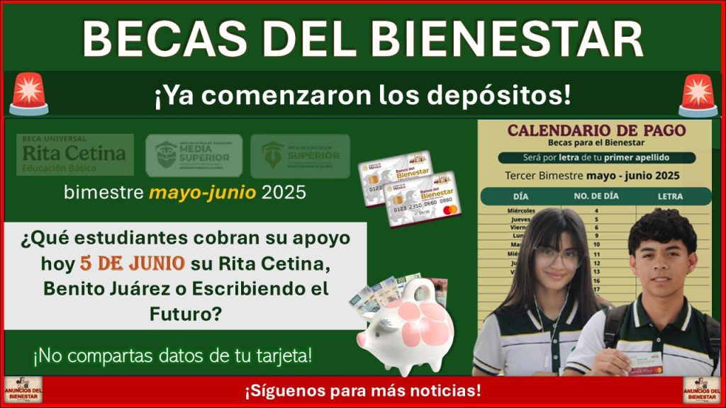 Beca del Bienestar: ¿Qué estudiantes cobran su apoyo hoy 5 de junio 2025 su Rita Cetina, Benito Juárez o Escribiendo el Futuro?