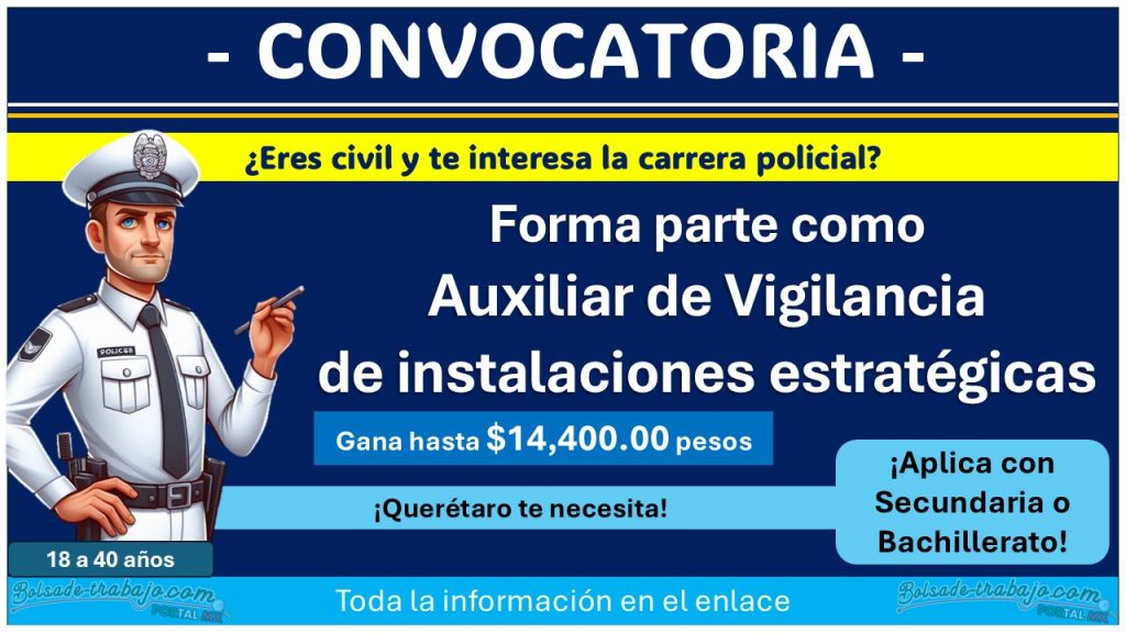 Con sueldo de $14,400 pesos, la Comisión Estatal del Sistema Penitenciario de Querétaro están invitando a formar parte como Auxiliar de Vigilancia de Instalaciones Estratégicas