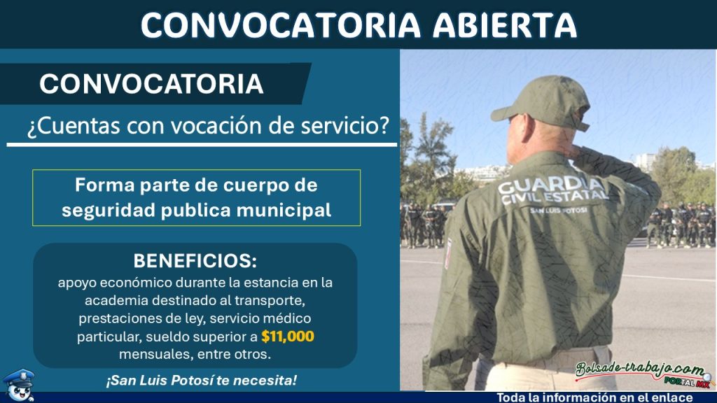 Convocatoria de reclutamiento policial en Villa de Pozos, San Luis Potosí ¡Puedes aplicar con media cartilla de SMN!