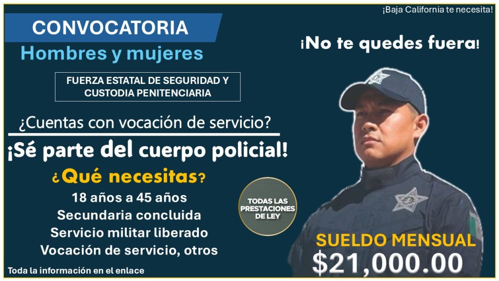 Gana hasta $21,000.00 al mes formando parte de la Fuerza Estatal de Seguridad y Custodia Penitenciaria en Baja California ¡Estos son los requisitos para aplicar!