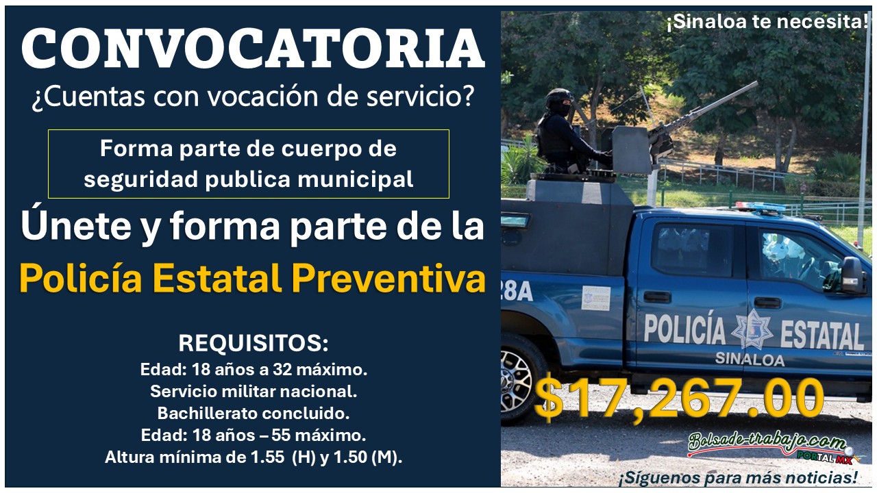 Gana un sueldo de $17,267.00 formando parte de la Policía Estatal Preventiva de Sinaloa ¡Esto necesitas para aplicar! 1 Gana un sueldo de $17,267.00 formando parte de la Policía Estatal Preventiva de Sinaloa ¡Esto necesitas para aplicar!