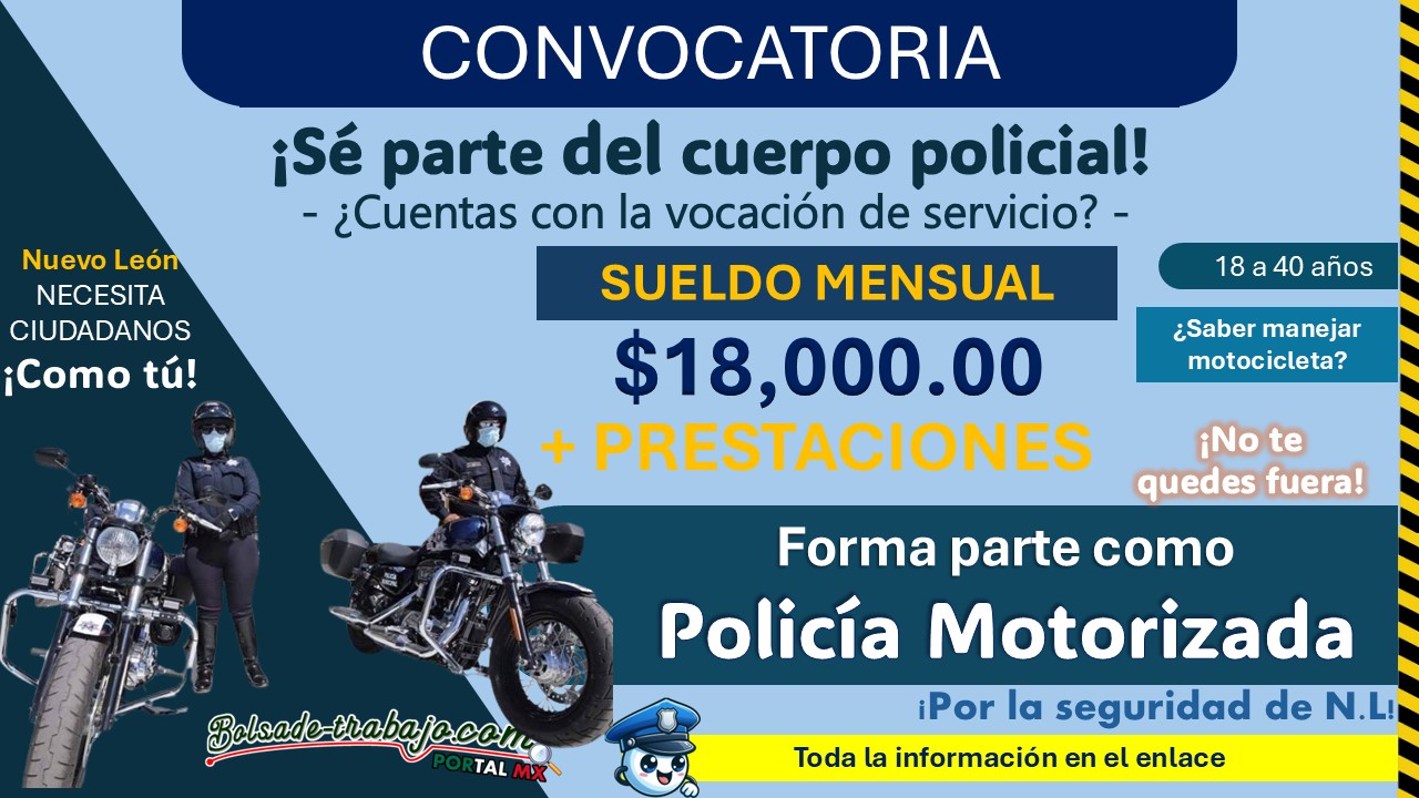 Ganar hasta $18,000 mensuales como policía motorizado en Salinas Victoria, Nuevo León ¡Esto necesitas para aplicar! 1 Ganar hasta $18,000 mensuales como policía motorizado en Salinas Victoria, Nuevo León ¡Esto necesitas para aplicar!