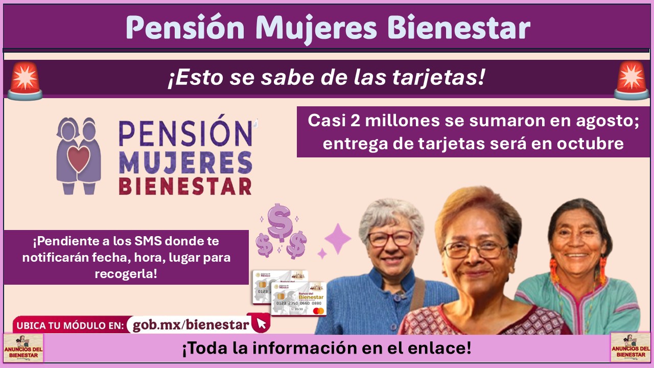 Pensión Mujeres Bienestar: Casi 2 millones se sumaron en agosto; entrega de tarjetas será en octubre ¡Esto se sabe de las tarjetas! 1 Pensión Mujeres Bienestar: Casi 2 millones se sumaron en agosto; entrega de tarjetas será en octubre ¡Esto se sabe de las tarjetas!