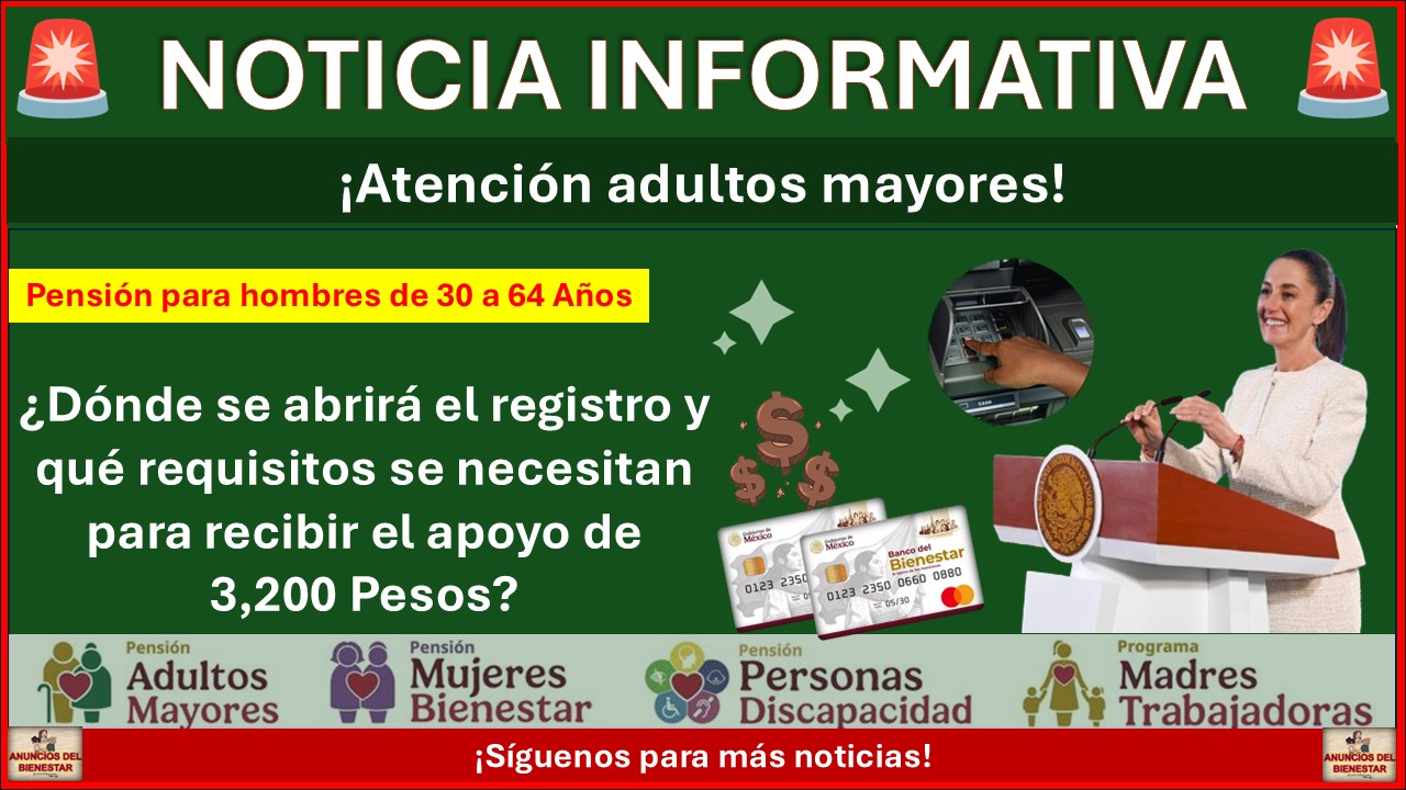 Pensión para hombres de 30 a 64 Años: ¿Dónde se abrirá el registro y qué requisitos se necesitan para recibir el apoyo de 3,200 Pesos?