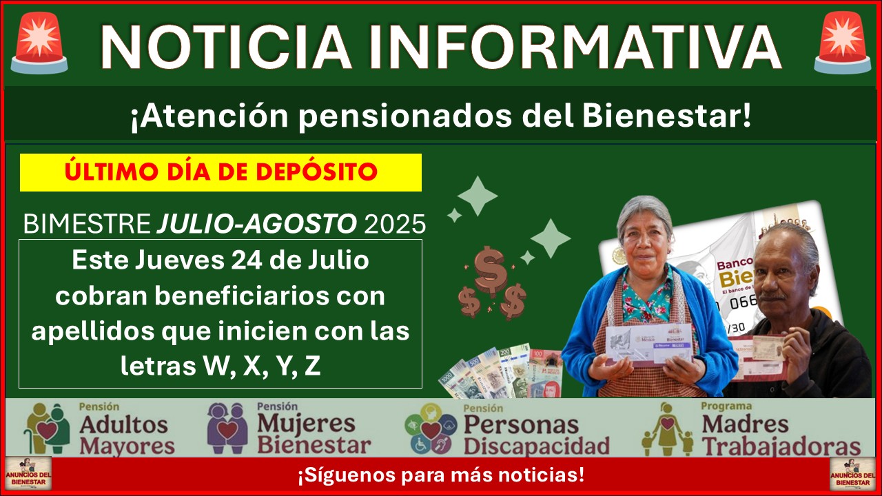 Pensiones del Bienestar: Este Jueves 24 de Julio cobran beneficiarios con apellidos que inicien con las letras W, X, Y y Z