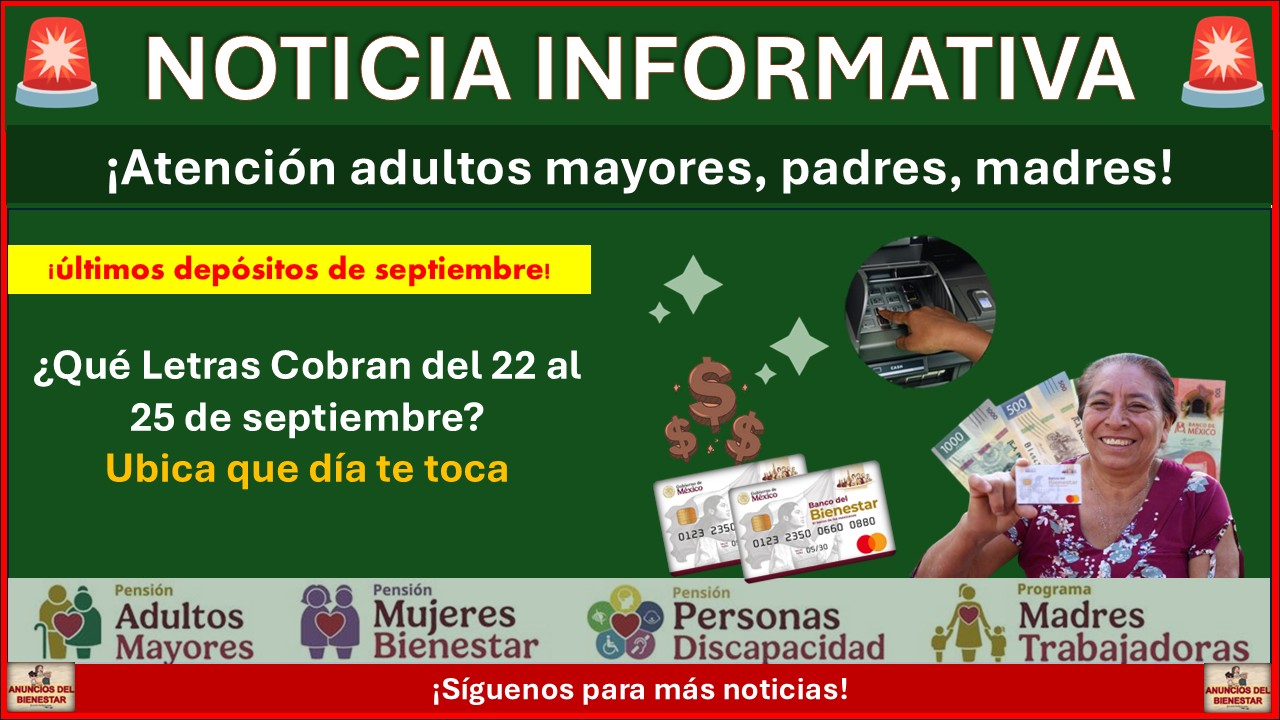Pensiones del Bienestar: ¿Qué Letras Cobran del 22 al 25 de septiembre? | Últimos Días de Pago del Bimestre