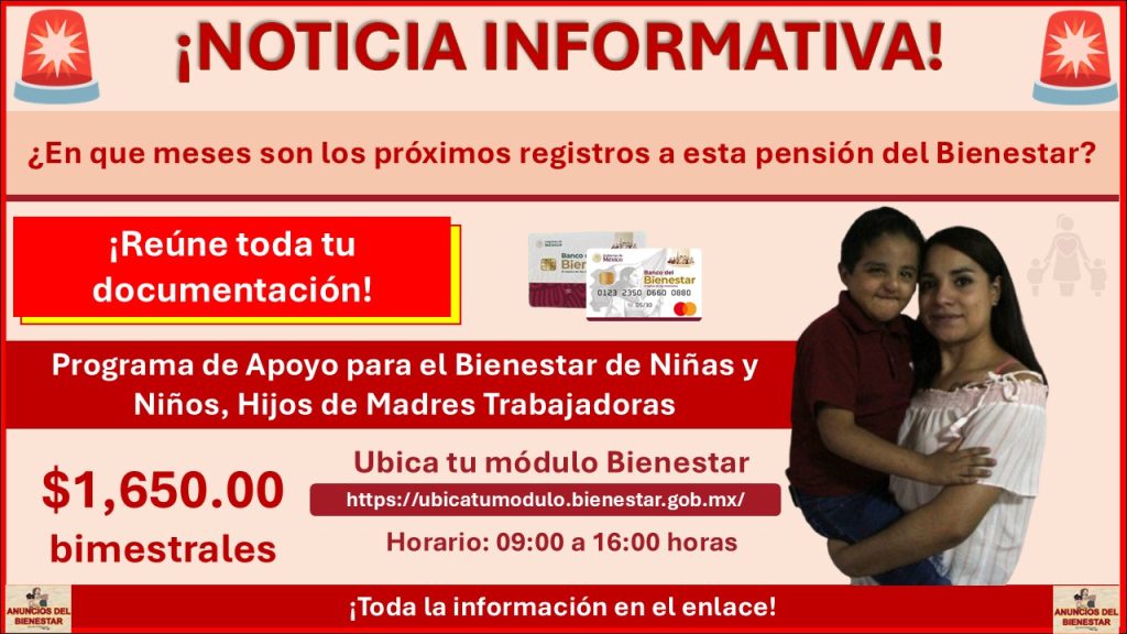 Programa de Apoyo para el Bienestar de Niñas y Niños, Hijos de Madres Trabajadoras - ¿En que meses son los próximos registros a esta pensión del Bienestar?