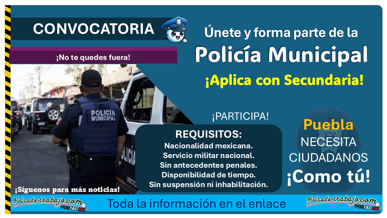 Reclutamiento policial de Zihuateutla, Puebla: ¡Puedes aplicar con Secundaria y hasta 39 años! 1 Reclutamiento policial de Zihuateutla, Puebla: ¡Puedes aplicar con Secundaria y hasta 39 años!