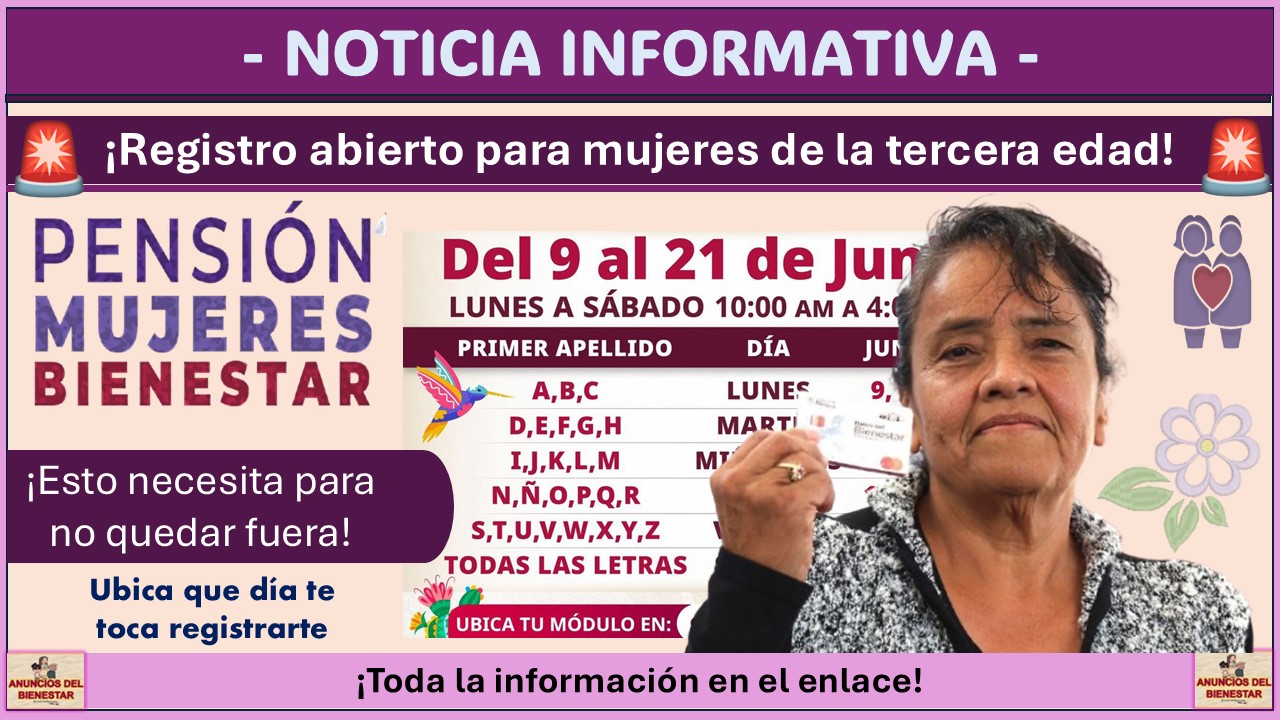 Secretaría del bienestar anunció registro abierto del 9 al 21 de junio para mujeres adultas mayores en la Pensión Mujeres Bienestar de $3,000 bimestrales 1 Secretaría del bienestar anunció registro abierto del 9 al 21 de junio para mujeres adultas mayores en la Pensión Mujeres Bienestar de $3,000 bimestrales