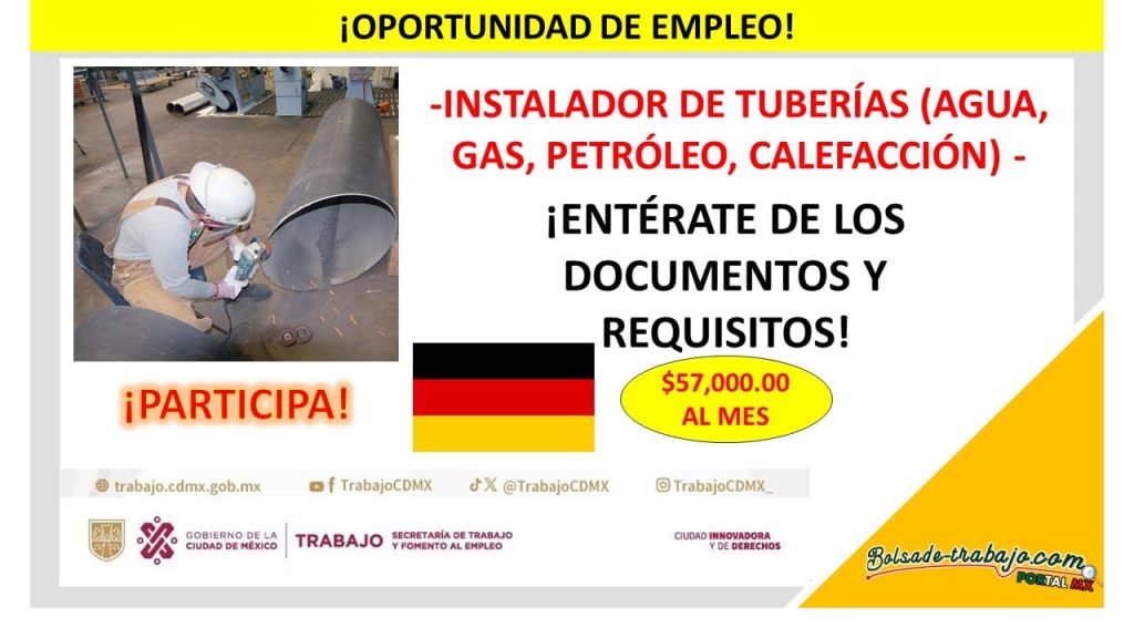 Convocatoria Instalador de Tuberías de Agua Gas Petróleo Calefacción, Alemania