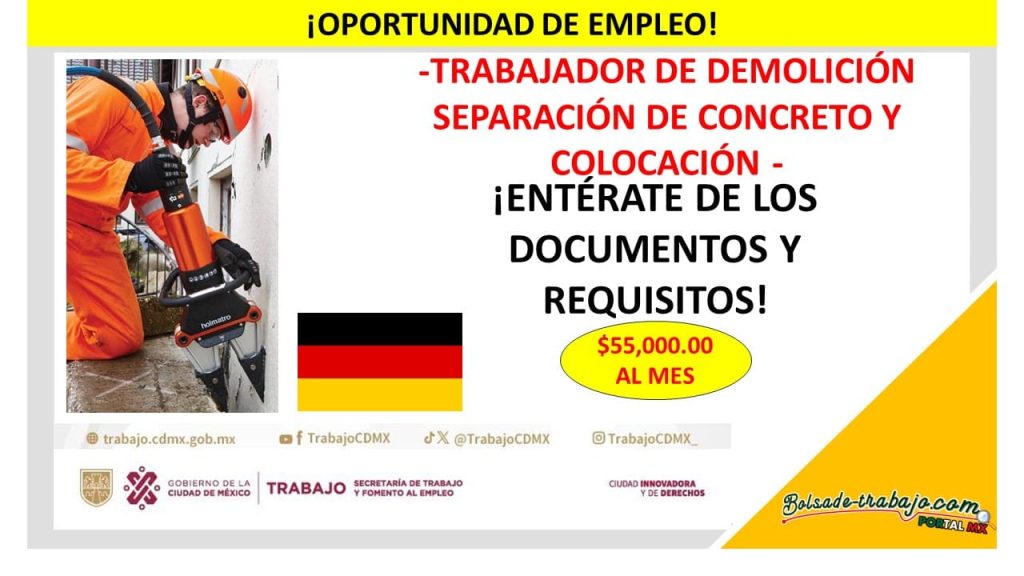 Convocatoria Trabajador de Demolición Separación de Concreto y Colocación, Alemania